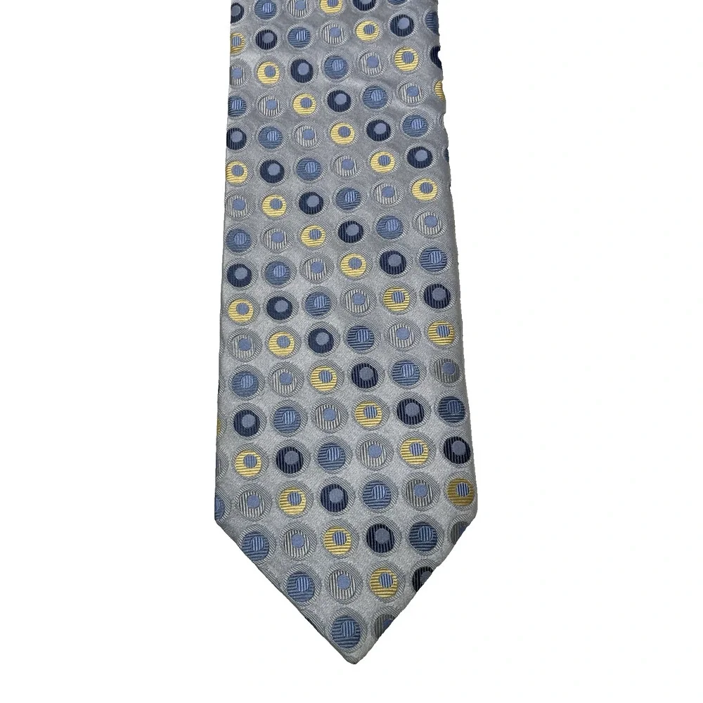 City of London Men’s Silk Tie Gray Blue Yellow Geometric Circle Made USA 59”